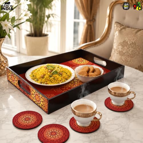 Image of GKD Serving Tray Set for Serving | Premium MDF Tea Coffee | Red Mandala Art