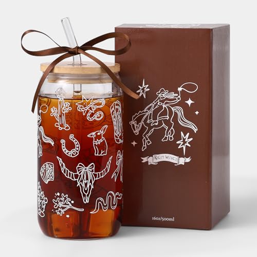 Celebloom Western Gifts for Women Cute Glass Cup for Cowgirl Western Cowgirl Stuff Iced Coffee Tumbler for Country Girl Gifts Christmas Birthday Mothers Day Gift for Friend 16oz
