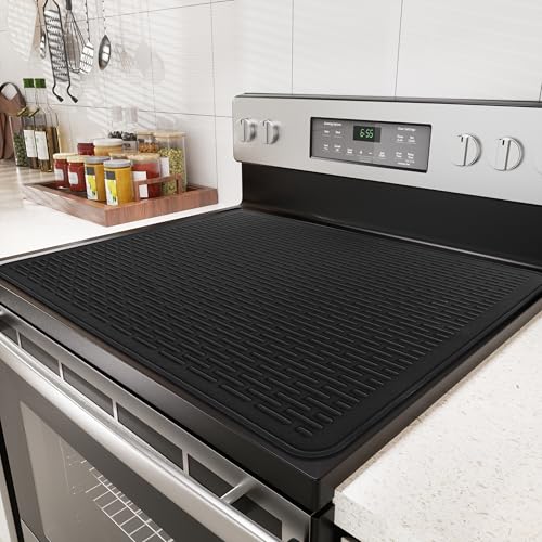 Image of Stove Top Cover for Electric Stove - Food Grade Ceramic Stove top Cover, Silicone XXL Dish Drying Mat, Glass Cooktop Covers, Flat RV Range top Mats (Black,30x21)