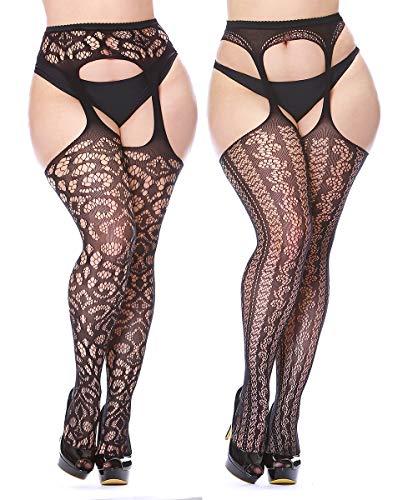 CURRMIEGO Womens Fishnet Suspender Tights plus size patterned pantyhose Stockings 2-Pairs (Black P1202, Plus Size)