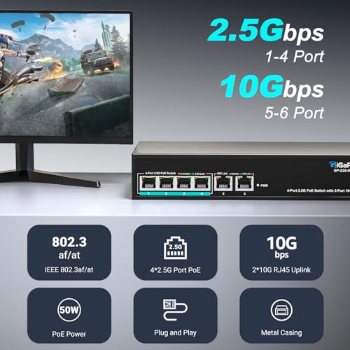 Image of 6 Ports 10Gb Unmanaged PoE Ethernet Switch with 4*2.5G Base-T PoE Ports, 2*10G RJ45 Ports. 60Gbps Switching Capacity, GiGaPlus 10Gbps Network Switch for 2.5G /10Gbps NAS /PC, WiFi6 Router, Wireless AP