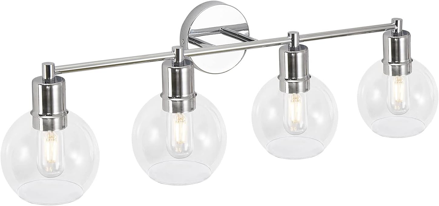 🛒 Crazy Deals Globe Vanity Light Fixtures ,4-Light Modern Metal Chrome Finish Wall Sconce for Bathroom,31.5 inch Industrial Wall Lighting with Clear Glass Shade.(Chrome）