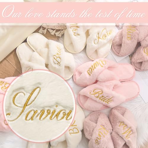 Custom Embroidery Fluffy Slippers with Name, Bride/Bridesmaid Slippers, Personalized Plush Slipper for Women, Wedding, Bachelorette, Birthday Gifts, Girls Sleepover, Gift for Mom, Bridal Shower3