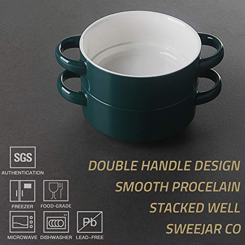 Image of Sweejar Ceramic Soup Bowls with Double Handles, 20 Oz Stacked Bowls for French Onion Soup, Cereal, Pot Pies, Stew, Chill, Pasta, Set of 4 (Jade)