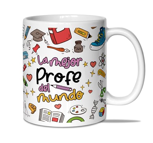 LINFORMAL - Taza 'La Mejor Profe del Mundo' - Taza Cerámica 350ml - Taza Original - Taza Café Desayuno - Regalo Fin de Curso - Apto Microondas y Lavavajillas