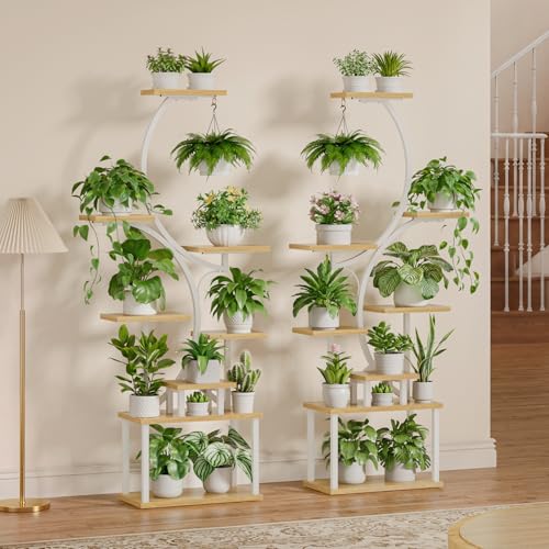 Image of BACEKOLL Plant Stand Indoor with Grow Light - 2 Pack Tall Indoor Plant Shelf, 62 inch Corner Plant Holder, 8 Tiered Large S-Shape Flower Multiple Display Shelf for Home, White