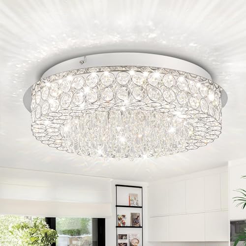 Image of Modern Crystal Ceiling Light | 63W LED Chandelier /Jhoomer | Stainless Steel Pendant Lighting Fixture | 13 Inch | Warm White | Living Room, Hall, Bedroom & Dining Room