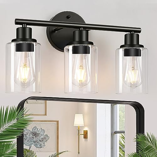 3-Light Bathroom Light Fixtures, Black Modern Vanity Lights with Clear Glass Shade, Bathroom Wall Lamp for Mirror Kitchen Living Room Hallway Cabinet Porch