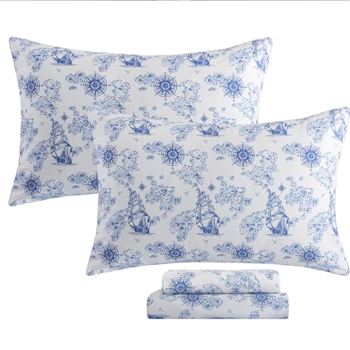 Image of FADFAY Premium 100% Cotton Nautical Sheet Set Twin - Coastal Blue & White Sailing Ship Bed Sheets, Vintage Maritime Map Print, Soft Breathable Deep Pocket Bedding, 4 Piece Set