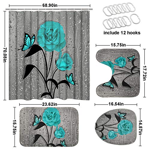 Tamoc 4 Pcs Teal Gray Rose Shower Curtain Sets With Non-Slip Rug, Toilet Lid Cover And Bath Mat, Blue Rose Shower Curtain With 12 Hooks, Waterproof Raindrops Shower Curtain For Bathroom #TOP7