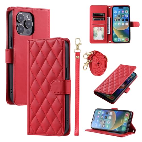 Étui iPhone 17 Air rouge avec portefeuille magnétique en cuir quadrillé et sangle