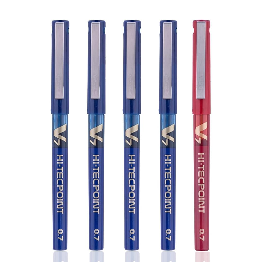 Hi-Tecpoint V7 0.7mm Fine Point Pure Liquid Ink Roller Ball Pen | Pack Of 5 (4 Blue + 1 Red)