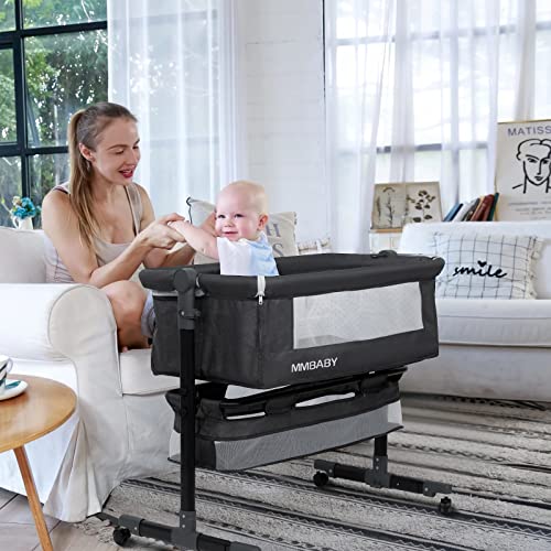 Mmbaby Baby Bassinet Bedside Sleeper Bedside Crib Easy Folding Portable Crib 3 In 1 Travel Baby Bed With Adjustable Height,Breathable Net,Large Storage Bag And Mattress #TOP5