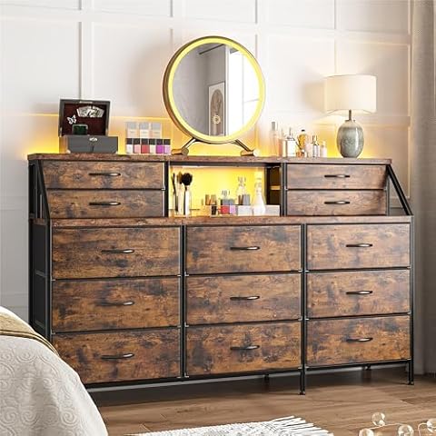 EnHomee 55”W Dresser for Bedroom, Dresser with 13 Large Drawer, Dressers & Chests of Drawers, Dressers with 2 Shelves, Bedroom Dresser, Long Dresser for Closet, Wooden Top Metal Frame Rustic Brown Cover