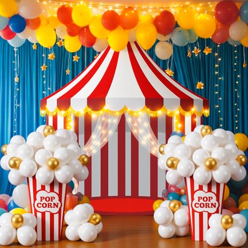 Novabright 103 Pcs Carnival Circus Party Decorations Set Includes Red White Circus Tent Backdrop Popcorn Boxes 100 DIY Popcorn Balloon Kit Carnival Theme Photo Background Birthday Party Decor