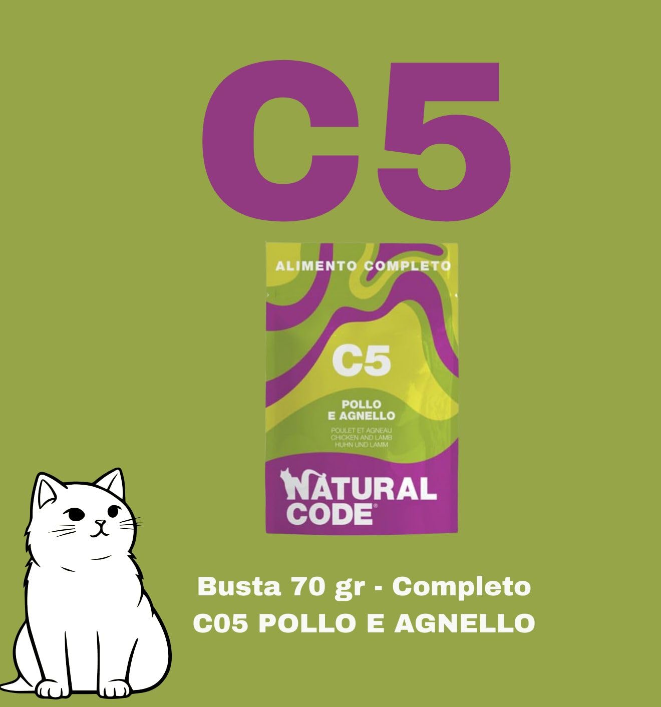 Natural Code húmedo para gatos adultos, sabor pollo y cordero, número C05, suaves sacapuntas en agua de cocción para gatos adultos de todas las tallas, altamente digerible | 12 sobres de 70 gramos