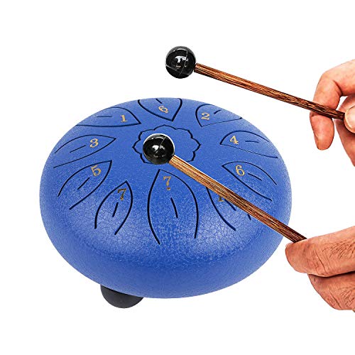 Steel Tongue Drum, 11 Notes 6 Inches Hand Drum, Percussion Instrument C-Key Dia Lotus type Pan Drum, Hang Drum with Mallets, Book, Notes Sticker,Drum Stick Holders, Finger Picks, Bag (Blue)