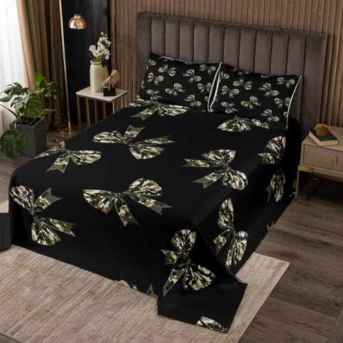 Erosebridal Camo Bowknot Quilt Set,Green Camouflage Coverlet Set King for Kids Boys Girls,Bows Bedspread,Princess Bed Cover with 2 Pillow Shams for Bedroom