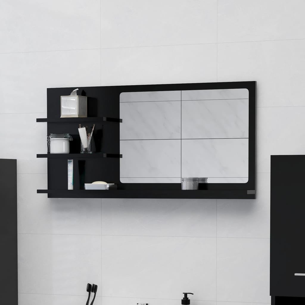 Black Modern Bathroom Wall Mirror with 3 Storage Shelves, 90x10.5x45 cm Wood Engineered Wood & Acrylic Vanity, Space Saving Design for Small Bathrooms, Easy Clean