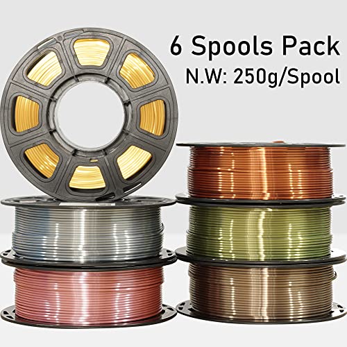 Image of MIKA3D 1.75mm Silk PLA Filament 6 in 1 Bundle Pack, 6 Metallic Shiny Colors: Gold /Silver /Copper /Bronze /Coffee Gold /Rose Gold, Each Spool 250g, 6 Spools Packed, Total 1.5Kg 3D Printing Material