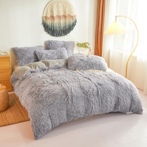 Faux Fur Fluffy Grey Comforter Cover Twin Set – Plush Faux Fur Grey Bedding 2-Piece Set (1 Furry Duvet Cover + 1 Shaggy Pillow Sham) Cozy Bed Set