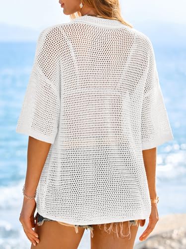 Image of Fisoew Womens Crochet Lightweight Cardigan Sweaters Short Sleeve Summer Button Down Collared Loose Cover Up Shirts