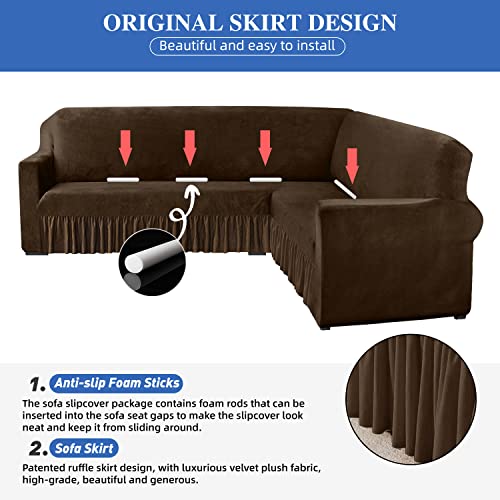 Aliecom Velvet Corner Sectional Couch Covers With Skirt Stretch Soft L Shape Sofa Cover For Dogs Anti Slip U-Shaped Couch Slipcover Living Room Pet Friendly Furniture Protector (Dark Coffee, Large) #TOP2
