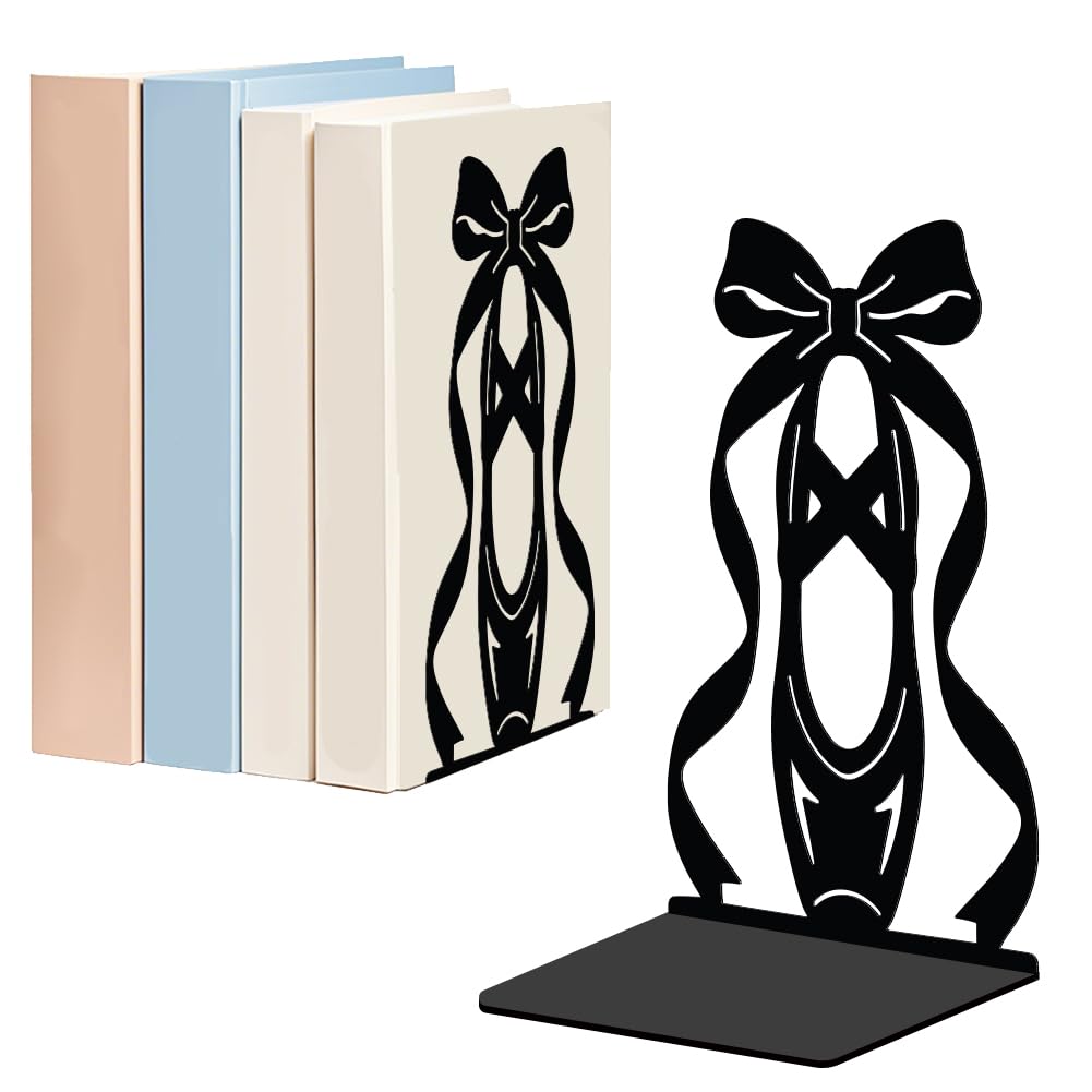 WADORN 1 Pair Bow Ballet Shoes Metal Decorative Bookend for Shelves, Heavy Duty Book Ends Modern Non-Skid Books Holder Stand Black Book Support Stoppers for Office Desk Bookshelf, 5.3x4.3x7.8 Inch