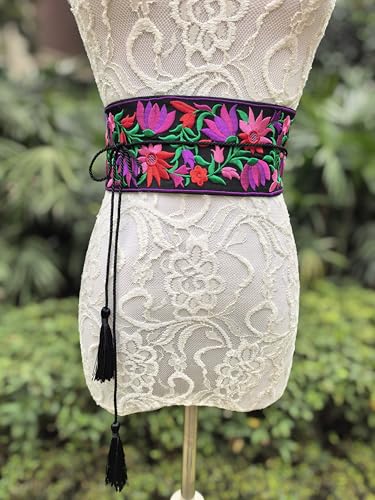 FANFAN Traditional Mexican Embroidery Belt for Women - Floral Adjustable Waist Sash with Tassels Folk Art Accessories E102