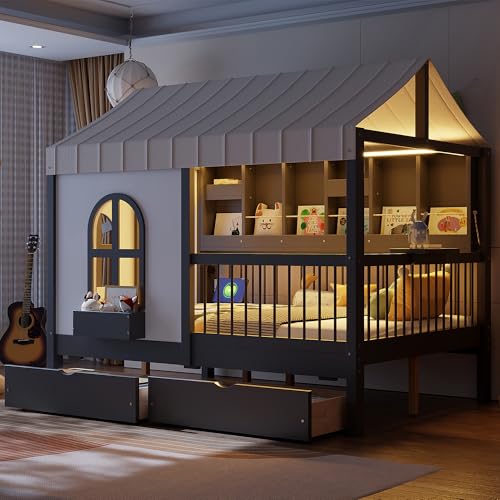 CZBZ Full Size House Bed with 2 Large Drawers, Side Bookshelf & LED Strip Lighting, Gray Walnut Finish – Cozy Hideaway for Reading, Rest, and Quiet Time