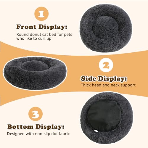 JOLLYVOGUE Small Dog Bed Donut, Soft & Washable Calming Anti-Anxiety Dog Bed for Pets, Fluffy Faux Fur Plush Dog Bed with Slip-Resistant Bottom(Dark Grey, Small, Up to 20 lbs) - Image 6