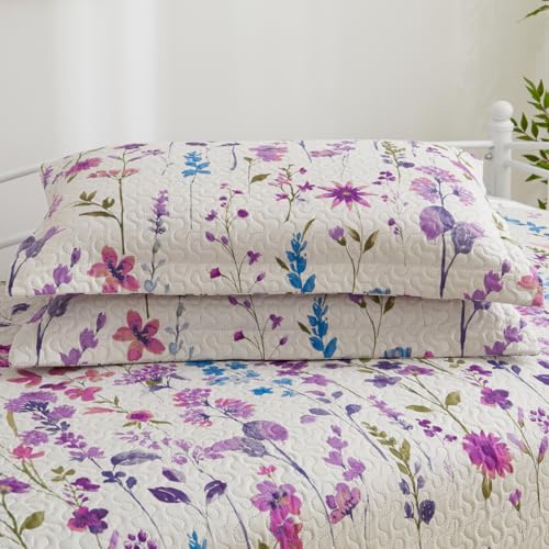 Image of Jarson 3 Pcs Floral Daybed Cover Set Twin Size Purple White Lilac Flower Sofa Cover Bedding Sets Double Side Bed Set for All Season Botanical Pattern Daybed Quilt Set with Pillow Shams