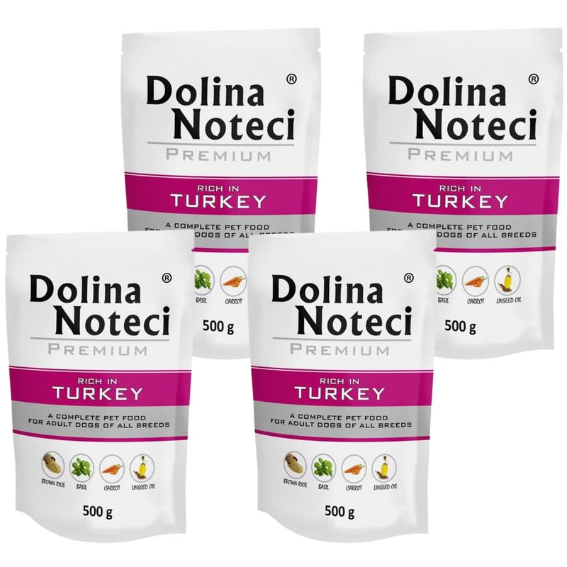 Dolina Noteci PREMIUM Wet Dog Food Variety Pack, Complete & Balanced Gluten-Free Meat-Rich Recipes, Omega-3 EPA & DHA, Digestive, Skin & Coat Support, No Artificial Colours Turkey, 4x500g