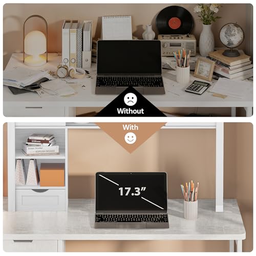 Image of Large Desktop Bookshelf with Sliding Barn Door, 47.2''W Desk Shelf Display Rack, Desktop Organizer Storage Rack with 7 Cubbies and Drawer, Home, Desk Shelf for Office, Dorm, Vanity, White
