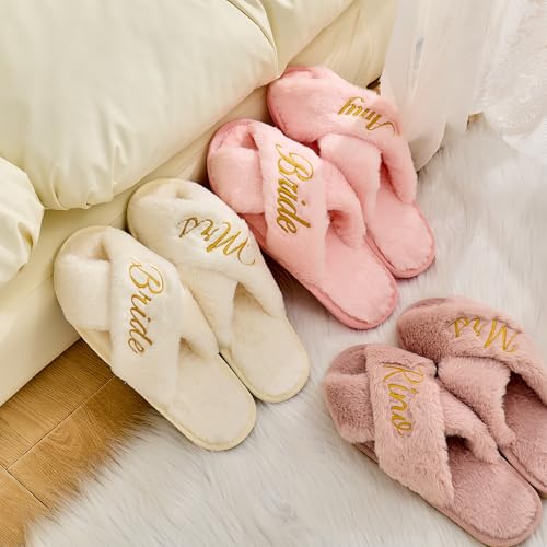 Slippers for Wedding Day, Embroidery Bridal Shower Gift for Women Bridesmaids, Personalized Bride to Be Open Toe Fuzzy Flip Flops, Getting Ready Outfit, Bachelorette Party Gift2