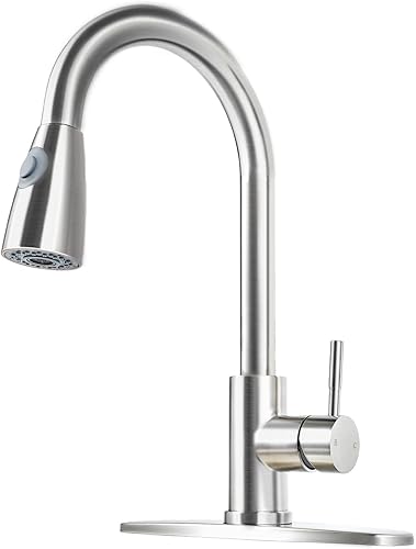 Friho Grifo de cocina moderno de un solo orificio con 1 mango rociador extraíble de níquel cepillado, manguera extraíble de acero inoxidable, grifo