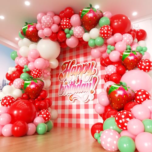 Image of Strawberry Balloons Garland Arch Kit 163pcs, Red and Pink Green Balloons for Sweet Girl Berry First Birthday Themed Baby Shower Valentine's Day Strawberry Party Decorations