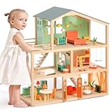 Giant bean Large Wooden Dollhouse with 32 Pcs Furniture Accessories, 3-Story Doll House 5 Rooms Balcony Wooden Stairs, Ideal Dollhouse Playset Toy for Kids Ages 3+, 30' H x 28' L x 13' W