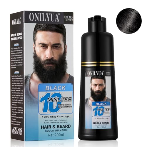 Mens Beard Dye Shampoo For Men 3 in 1, Black Beard Color 10 Minutes 100% Gray Hair Coverage, Simple Up To 6 Weeks, Men's Mustache Hair Dye, 200ml