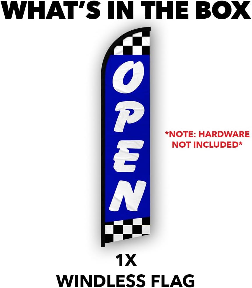 Infinity Republic - Open Blue Checkered Windless Full Sleeve Banner Swooper Flag - Perfect for Businesses, Restaurants, Events, Cafes etc!