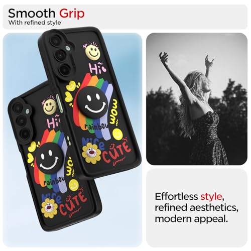 Image of Pikkme Back Cover for Samsung Galaxy M16 5G | Soft Silicone| Cute Rainbow Smile & 3D Cartoon Flower Design | Shockproof Raised Camera Protection Bumper Case (Black)