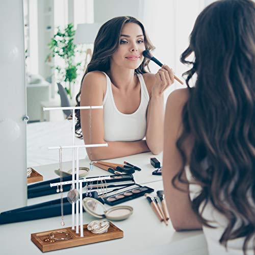 Relaxdays Schmuckständer, 3 Stangen, t-förmig, Ketten, für Ohrringe & Armbänder, mit Ablage, Holz & Metall, weiß/braun