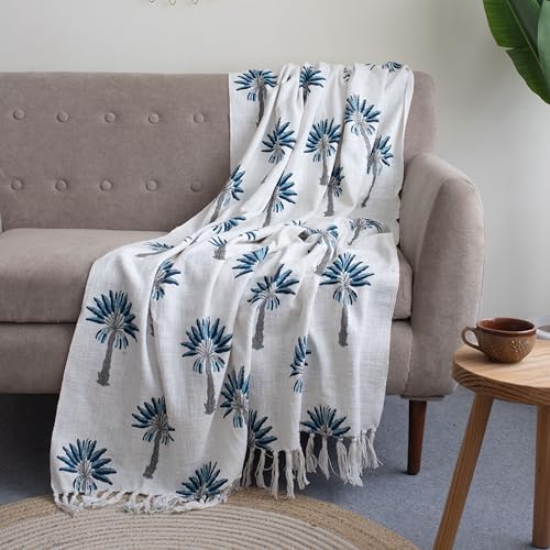 Image of Hand Block Printed 100% Cotton Soft Lightweight Sofa Throw with Tassels - Blue Palm Tree Design Decorative Couch Throws for Living Room, Bed & Travel (White, 50x70 Inches)