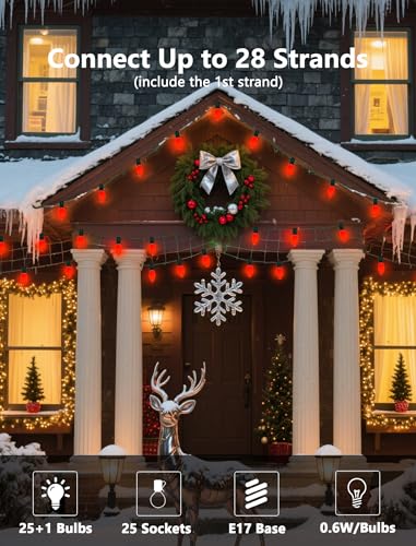 Image of LED C9 Red Christmas Lights Outdoor, 25FT C9 LED Outdoor String Lights with 26 Shatterproof Red Bulbs, Waterproof Vintage Christmas Lights for Indoor Holiday Tree Roofline Patio Party Garden Decor