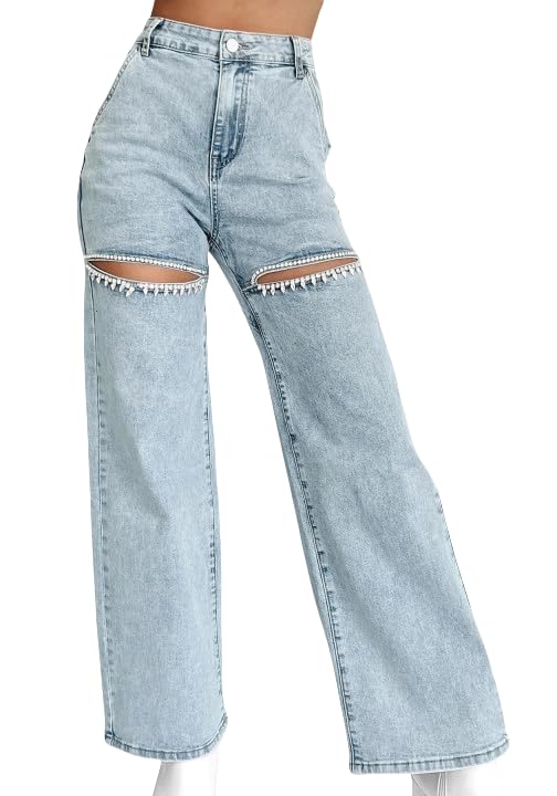 Unybwonn-Women-High-Waist-Straight-Jeans-Cut-Out-Rhinestone-Trim-Bling-Denim-Pants-Y2k-Wide-Leg-Ripped-Denim-Pants 51mber6W 5L
