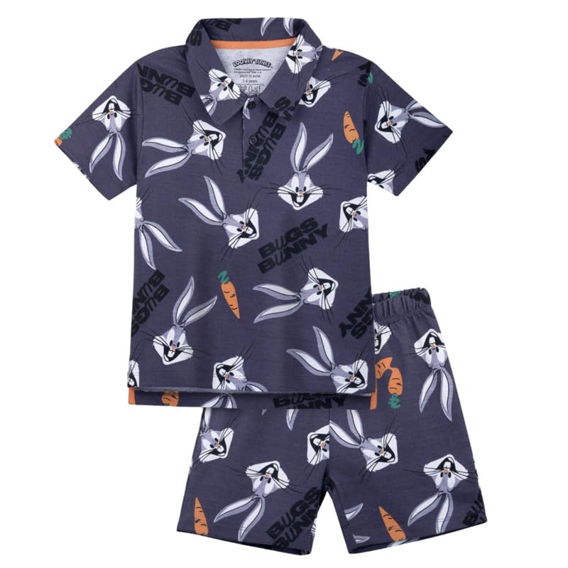 Image of Nap Chief Kids Cotton AOP Bugs Bunny Polo T-Shirt and Shorts Set for Boys & Girls for Casual Wear - (WB5064Y8 Grey 7-8 Years)