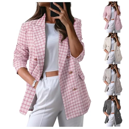 Womens Tweed Blazers Plaid Blazer Casual Business Open Front Jackets Long Sleeve Double Breasted Jacket Work Suits4