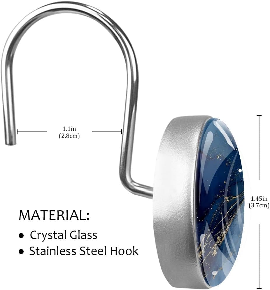 12 Pcs Shower Curtain Hooks, Dark Blue Gold Marble Rustproof Decorative Metal Round Shower Curtain Hangers Rings for Bathroom Bedroom Living Room Rods