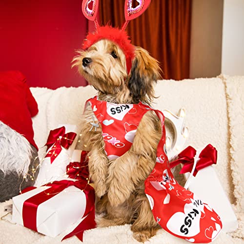 3 Pcs Valentines Dog Costume Set, Valentines Heart Headband Bandana Dog Dress For Small Dogs, Valentines Girl Dog Clothes Female Pet Red Love Hearts Headband Headwear Holiday Outfit Accessories #TOP6