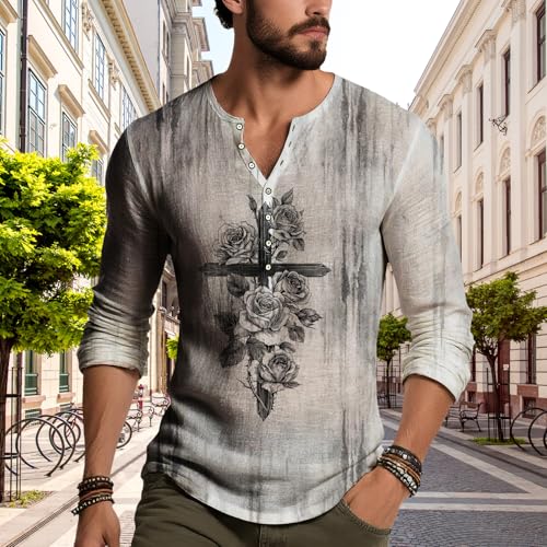 Mens Distressed Henley Shirt Cross Rose Print Tee Vintage Casual Long Sleeve Shirts Gothic Graphic Tops Lightweight4